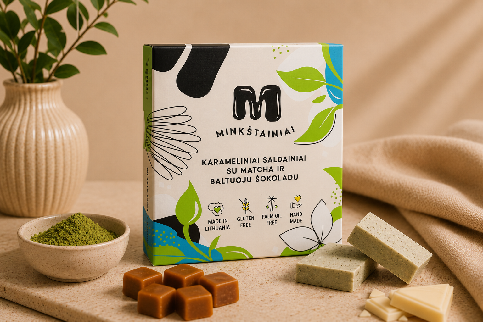 Zachte karamelsnoepjes met witte chocolade en matcha