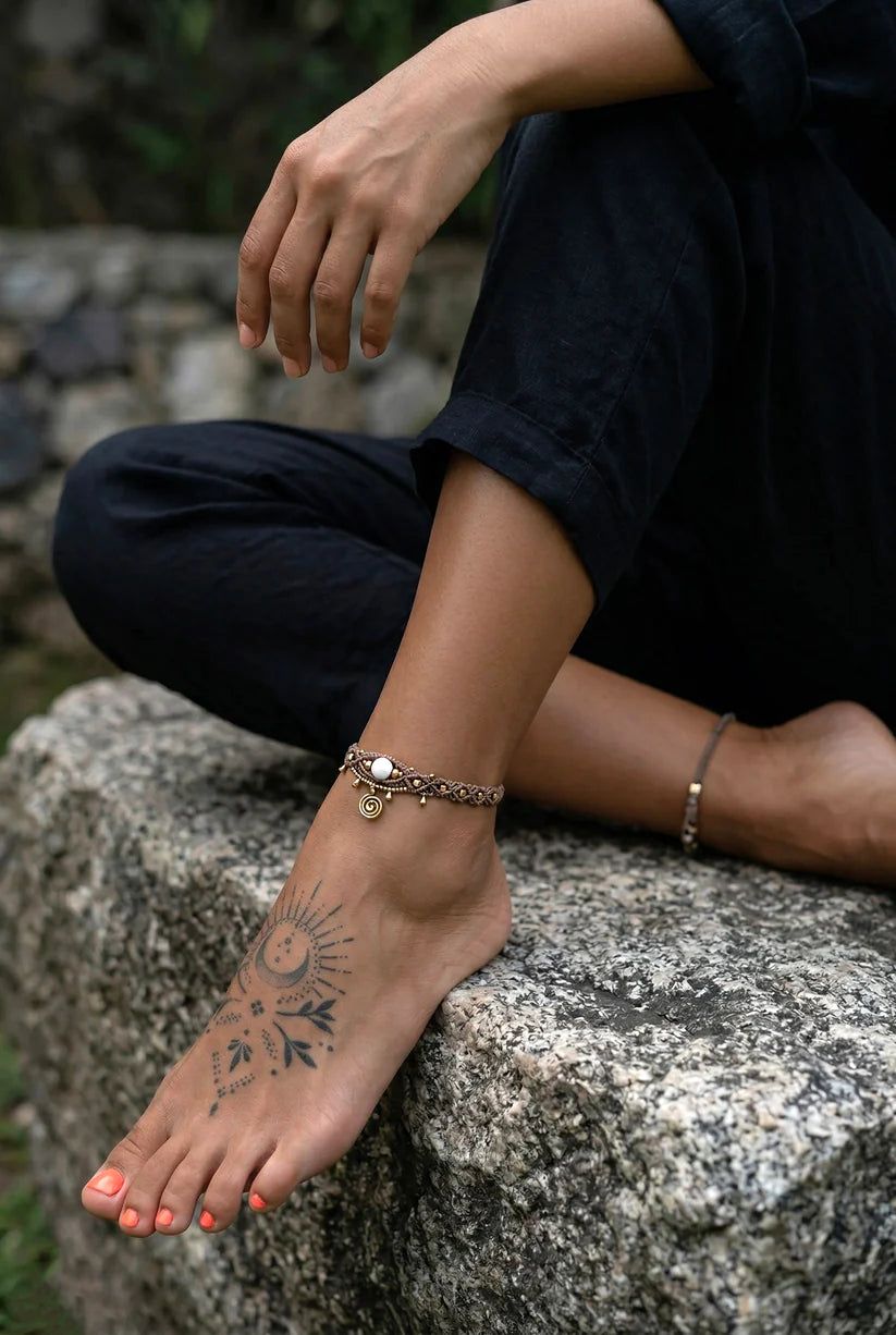 WILD – Handgemaakte bruine Boho enkelband met howlietsteen